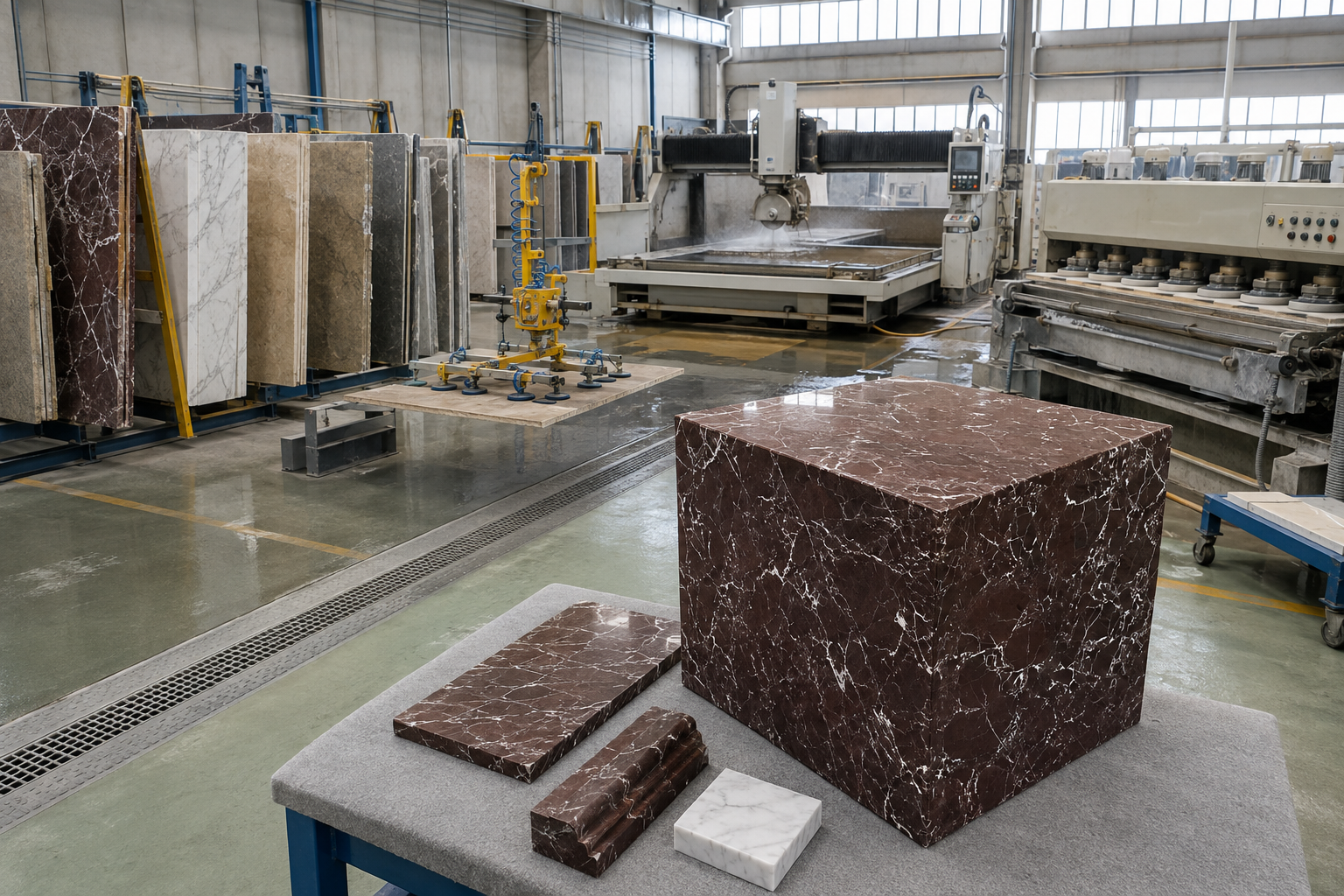 Marmor- und Natursteinfertigung mit Steinplatten und Bearbeitungsmaschinen